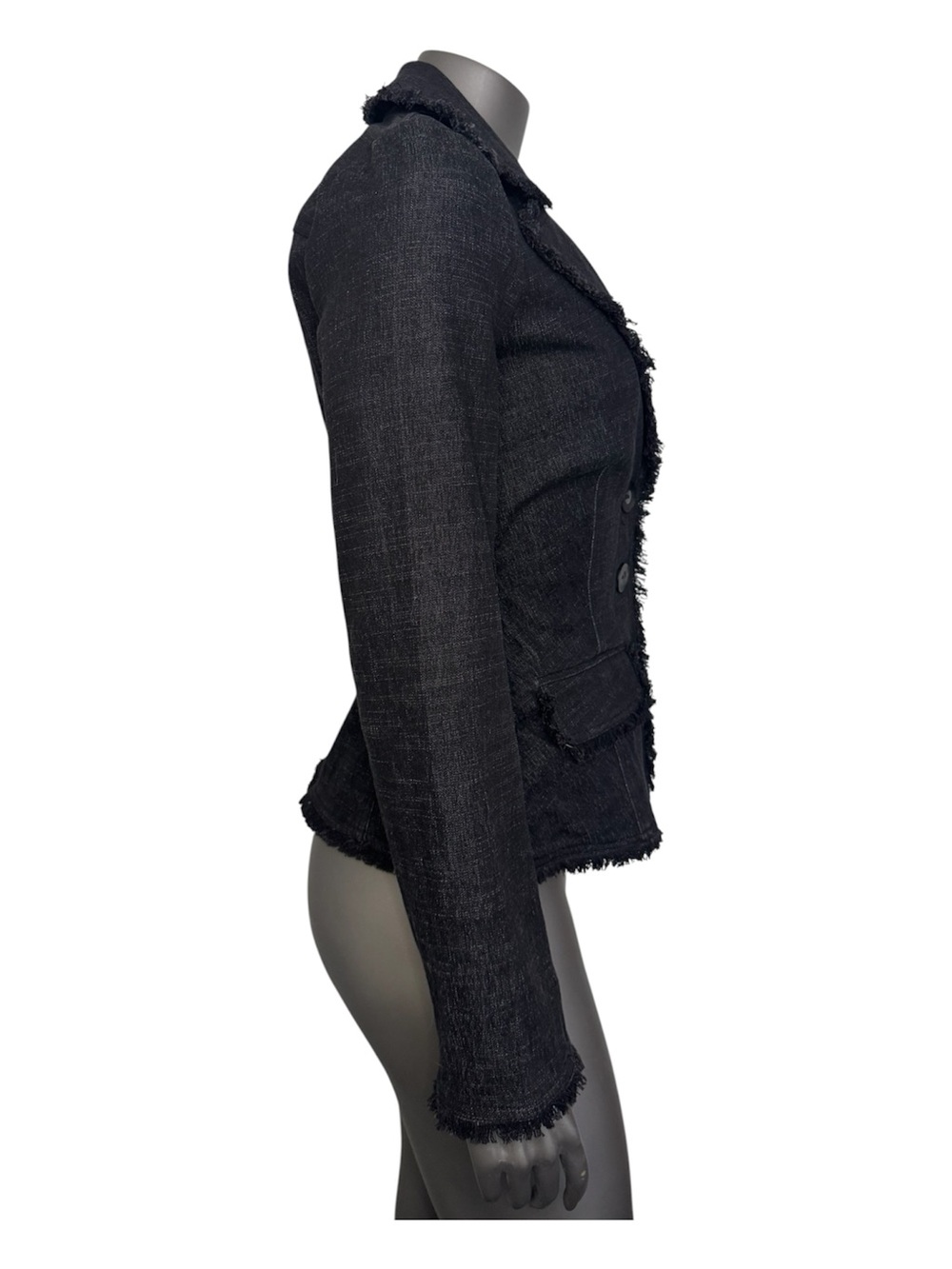 Cache Denim Blazer Jacket Womens 2 Black Frayed-Trim Notched Office - Picture 3 of 14